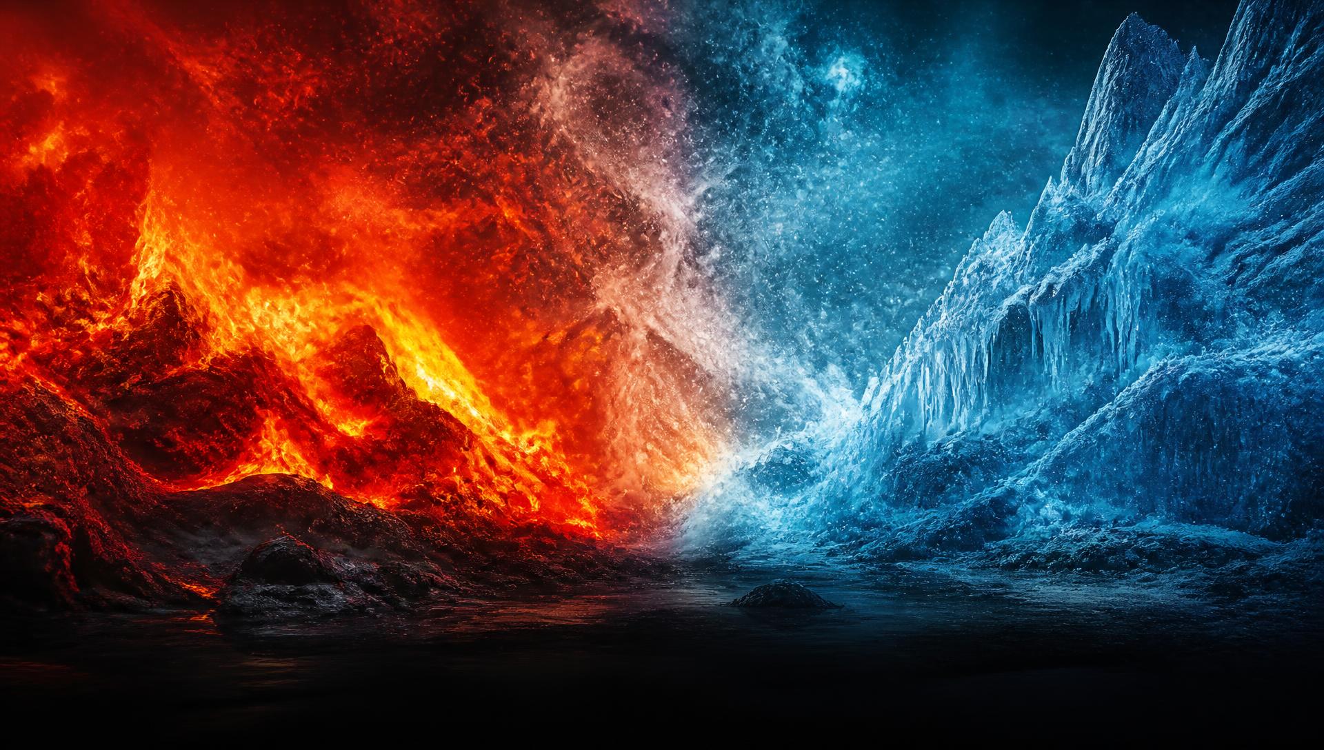 Fire and ice collide — red flames on one side, blue glacial ice on the other, the two extremes Pace Heating & Air controls in your home